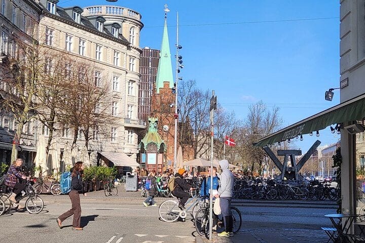 Cyclists and cafés at Sankt Hans Torv square in Nørrebro, Copenhagen