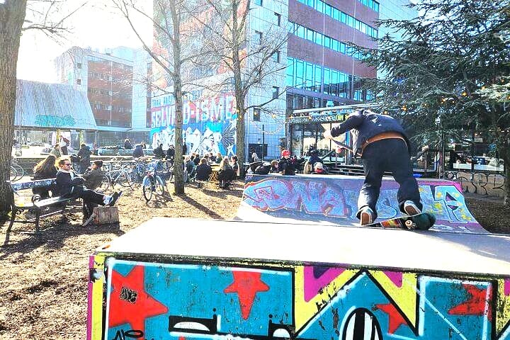 Skateboarder on a graffiti ramp in Nørrebro, Copenhagen
