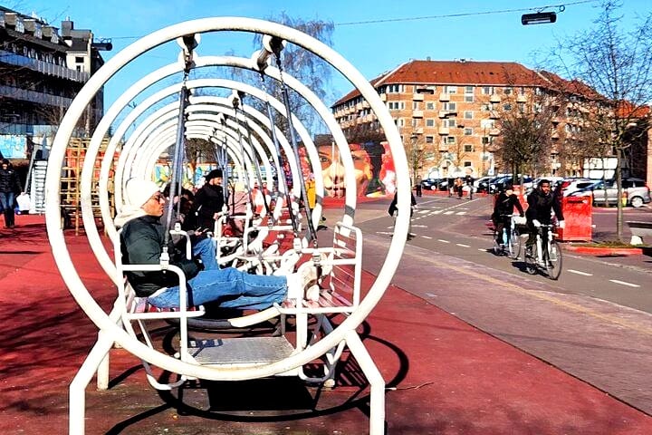 Ring-shaped swings in Superkilen park in Nørrebro, Copenhagen