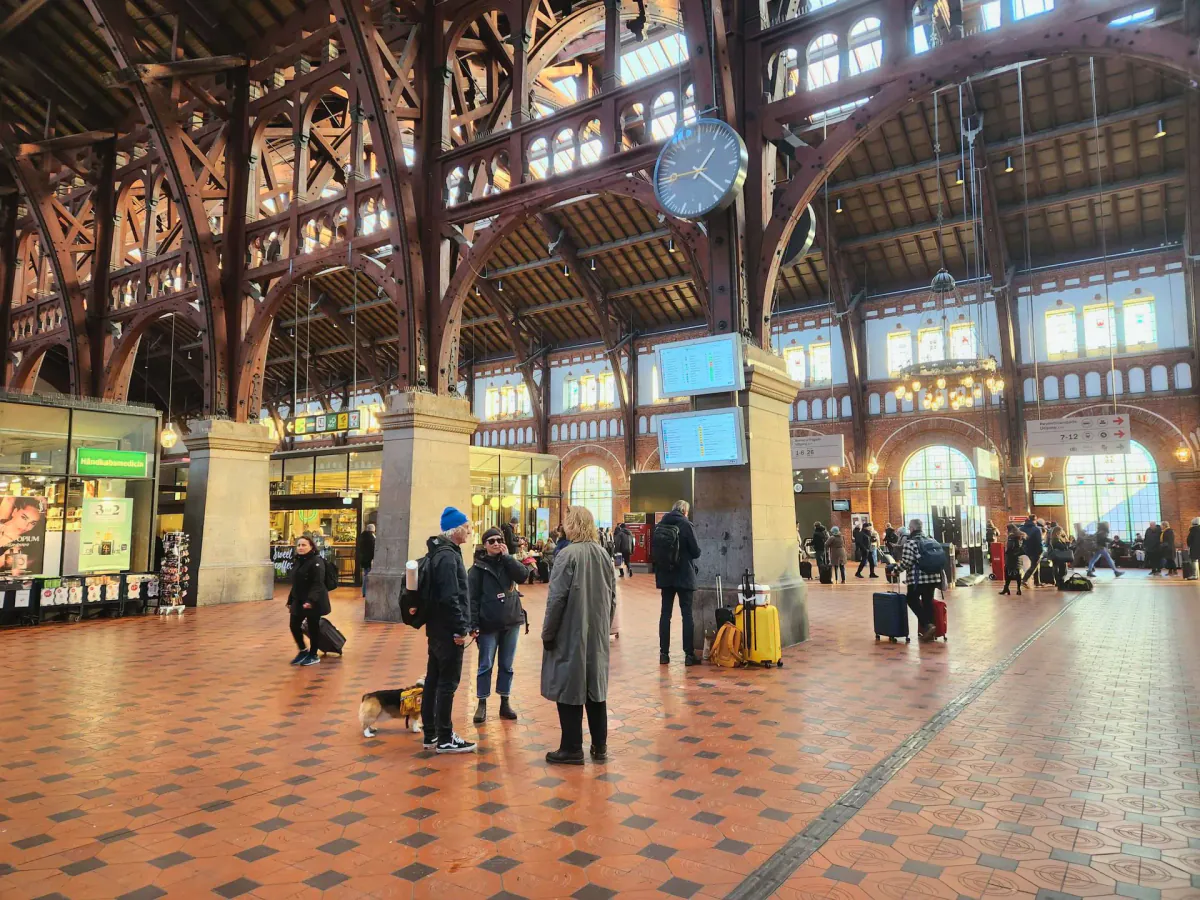 Rejsende i hovedhallen på Københavns Hovedbanegård, turens mødested